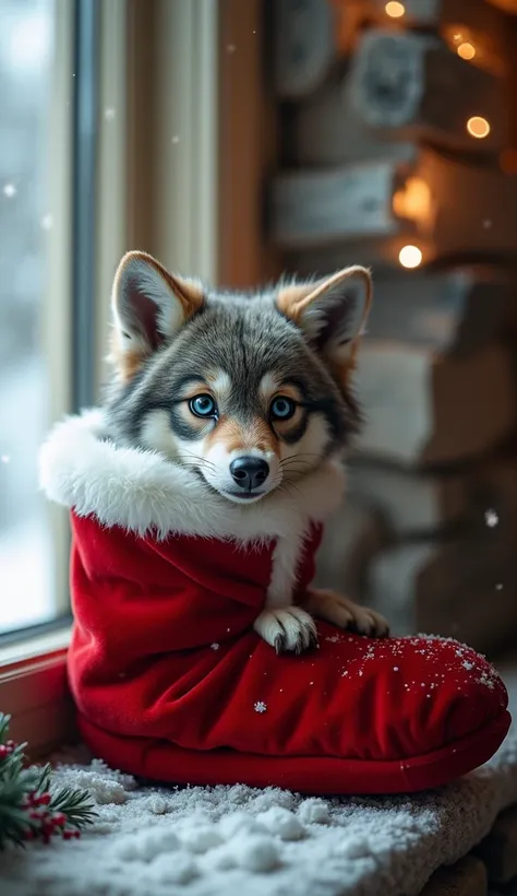 Santa Claus slipper with a furry mini wolf inside 