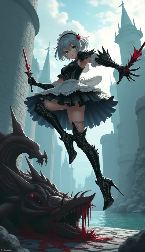 masterpiece,  Best Quality , illustration, fighting stance, 1girl,  Noir Genshin Impact,  Short Silver Hair ,  Green Eyes , maid skirt,  Super High Heel Thin Heel Shoes ,  Lace Thigh Net Socks ,  Slim Long Legs,  with Red Side Parts ,  Maid Knight ,  Maid ...