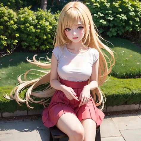 1girl, Solo, High Resolution, Smile, long hair, pated bangs, forehead, Blonde Hair, High Resolution, High Details, UHD, Super Detailed, HD, mediume breasts, Smile, green eyes, red t shirt, short sleeves, pink skirt, navle, day, bench, sittings, bare sneake...