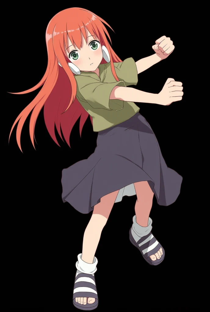 (photoanimenaruto:2.3), Female Character from Naruto, Age: .  full body . Made in the traits of Naruto.  Straw Doll Spell: Resonance . Height: 1,60 m,  Weight: 50 kg,  straight fire-colored hair with two white locks highlighted on the front. loose hair. pa...