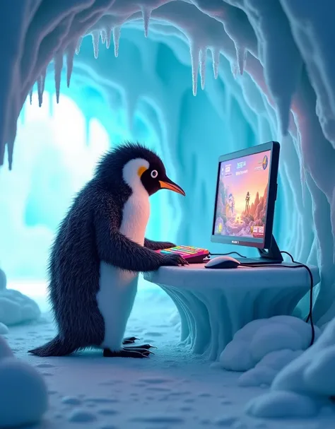 A penguin"An adorable penguin sitting in an ice cave, focused on playing a computer game on a sleek monitor. The ice cave is illuminated with a soft blue glow, with icicles hanging from the ceiling and walls glistening. The penguin is perched on a small ic...