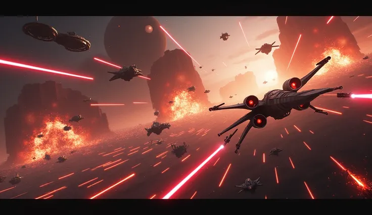 STAR WARS SCENE WITH MANY SPACE SHIP , LASER BEAM, AND DESTROYED ARMY, BLAST