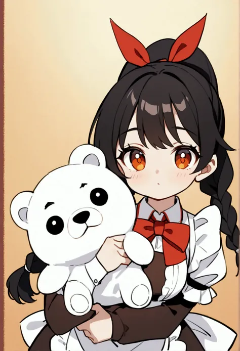  A two-headed q version girl ， black hair ,Two ponytail braids ， amber eyes，Red bow tie ，Wearing maid outfit，  holding a gentle polar bear puppet