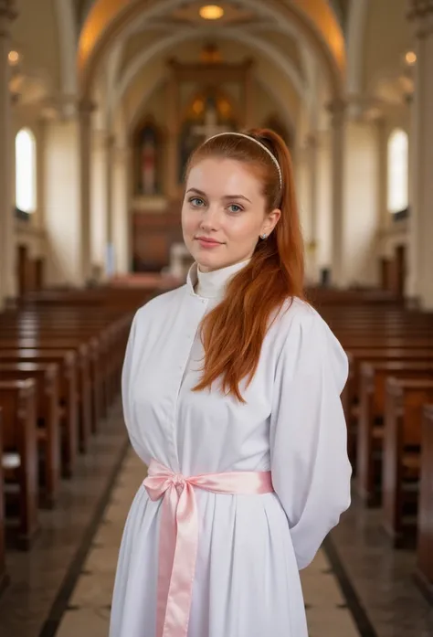 young red haired 20 yesrs old german Ministrantin, beautiful eyes. long red hair with ponytail. hairband, lange weisse Kirchenrobe aus cotton with a pink satin ribbonbelt, transparent lip gloss, narrow building, Pretty, 2, Full body photo, standing in a ch...