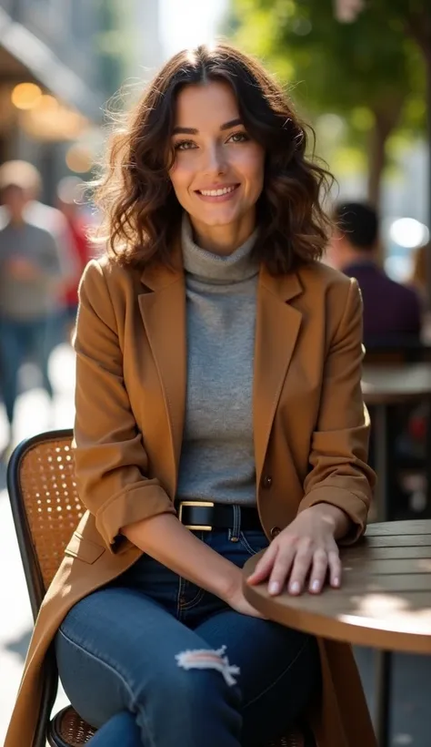 A confident woman sitting at an outdoor café table on a sunny day. She has shoulder-length, brown curly hair and brown eyes, with her face fully visible and uncovered. She is dressed in a stylish camel blazer layered over a cozy gray turtleneck sweater, pa...