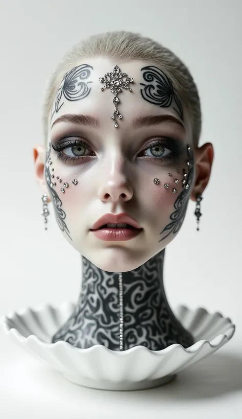 head on a white porcelain dish, tattoos, diamonds, artwork, very beautiful, detailed, professional photo