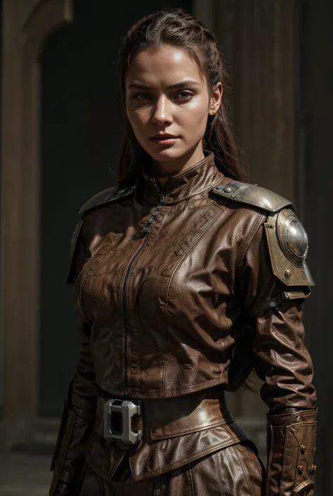 arafed woman in a brown uniform posing for a picture, female lead character, sci fi female character, very detailed and rich clothing, sci-fi female, scifi woman, clothed in sci-fi military armor, unreal engine character art, cyborg noble woman, stunning c...