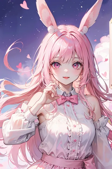 pink hair, bunny girl, sticking tounge out, bunny tail, (((best_quality))), (((beautiful))), Cute, pippa, virtual youtuber, rabbit ears, pink eyes. 