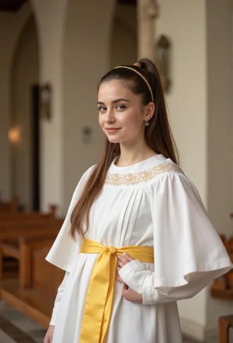 young brunette 20 yesrs old german Ministrantin, beautiful eyes. long brunette hair with ponytail. hairband, lange weisse Kirchenrobe aus cotton with a yellow satin ribbonbelt, transparent lip gloss, narrow building, Pretty, 2, Full body photo, standing in...