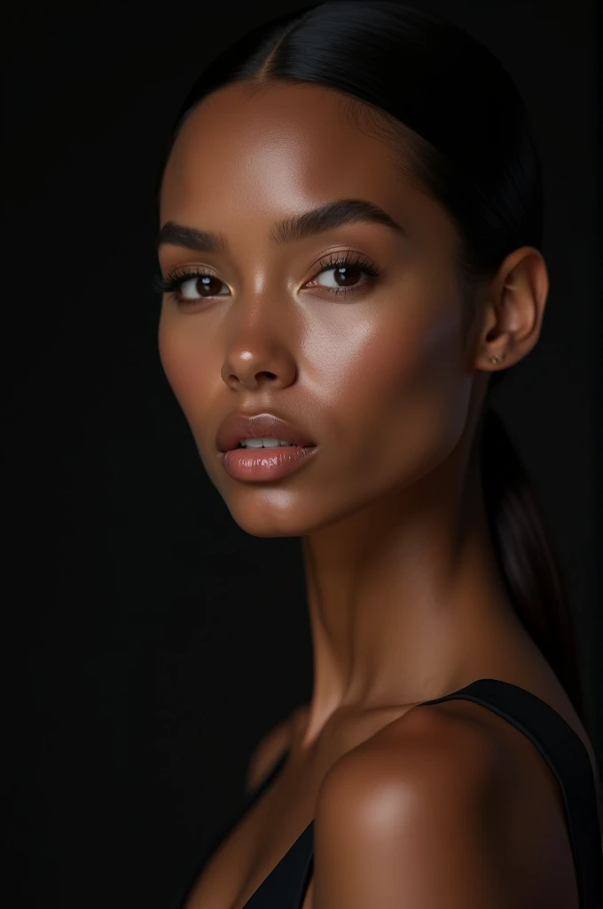 Portrait of  a biracial woman, sexy, focusing on her face, 36 years old, gracefully slim, strikingly beautiful, with a delicate and refined face, sharp cheekbones and dramatically hollow cheeks with bone structure accentued,  Her cheeks display very distin...