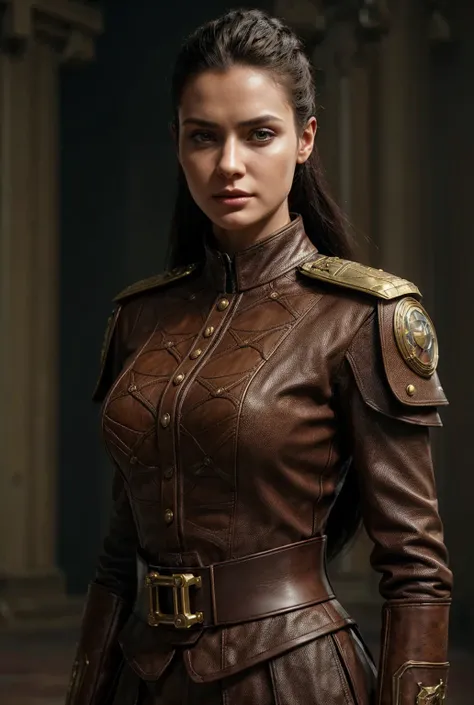 arafed woman in a brown uniform posing for a picture, female lead character, sci fi female character, very detailed and rich clothing, sci-fi female, scifi woman, clothed in sci-fi military armor, unreal engine character art, cyborg noble woman, stunning c...