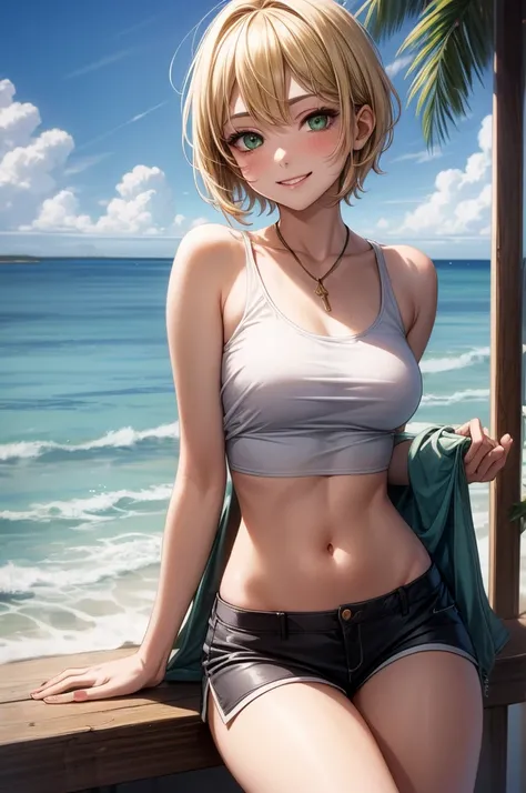 ukrainian woman, ((blond short hair)), green eyes, wearing top and shorts, medium breasts, sitting near the ocean, sexy, smirk