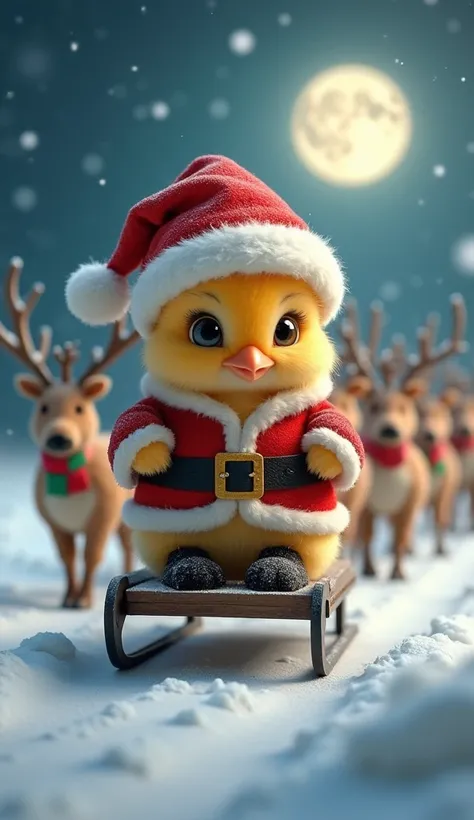 A mini chick dressed as Santa Claus on a sled with reindeer 