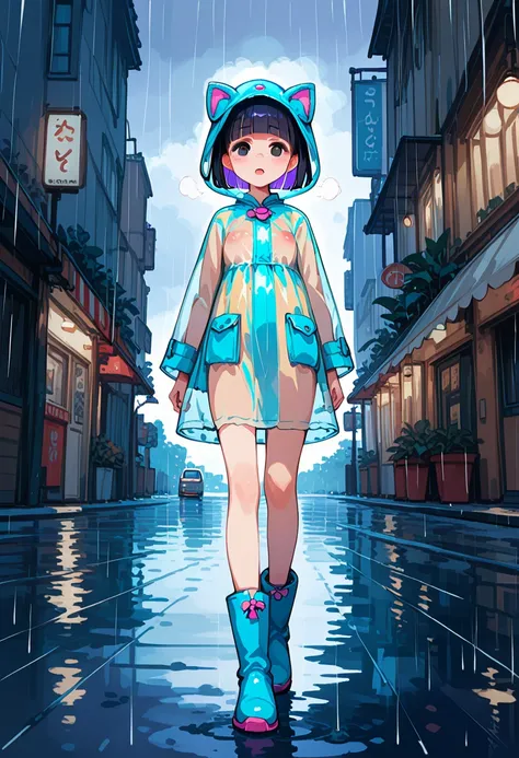 1girl,Alone,loli,11yearsold,short stature,flat breasts,black hair,purple inner hair,bob cut,bow-shaped hair,blunt bangs,black eyes,blue cat raincoat,put on hood,button closed raincoat,see-through raincoat,see-through nipples,rain boots,street,rainy,blush,o...