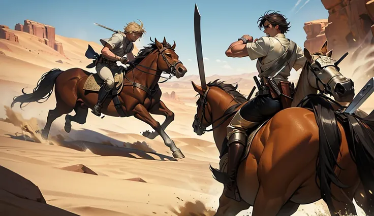 Modern Marvel comic style image of Alexander the Great fighting in a battle in the desert with a sword