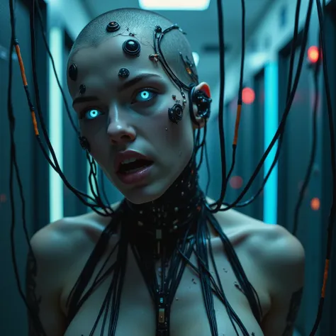 ((ultra sharp cinematic alien cyberhorror photo, photorealistic fullbody view)) of  young ((((((fullbreasted)))))) evil ((((blackskinned Zoe Kravitz)))), looking into camera, (looking psychopathic murderous angry into camera, evil scowling with subtle blue...