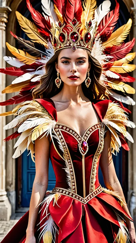 a woman in a red and gold dress with a crown on her head, maximalist fashion dress, fantasy outfit, extravagant dress, dress made of feathers, fantasy dress, haute couture fashion, modern maximalist fashion dress, floral couture, high fashion haute couture...