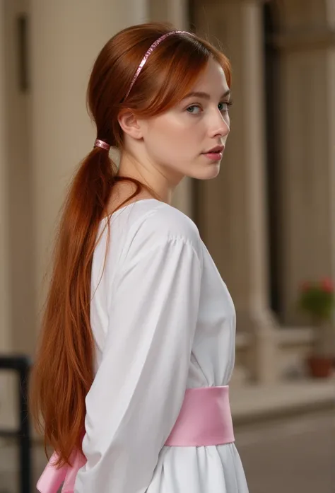 young red haired 20 yesrs old german Ministrantin, beautiful eyes. long red hair with ponytail. hairband, lange weisse Kirchenrobe aus cotton with a pink satin ribbonbelt, transparent lip gloss, narrow building, Pretty, 2, Full body photo, standing in a ch...