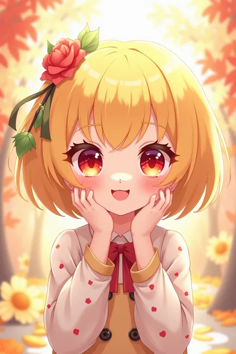 Make a cute character with short yellow hair and red eyes