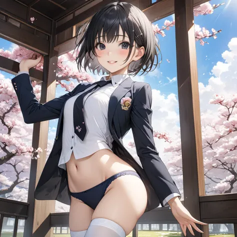 anime、One high school girl、Black Eye、smile、blush、 black hair、( short hair )、Black blazer、 Black Normal Necktie 、 white button shirt、(Small breasts), white panties、(white thigh high:1.2)、beautiful thighs,、stand、Japanese-style room、cherry blossoms、blue sky、 ...