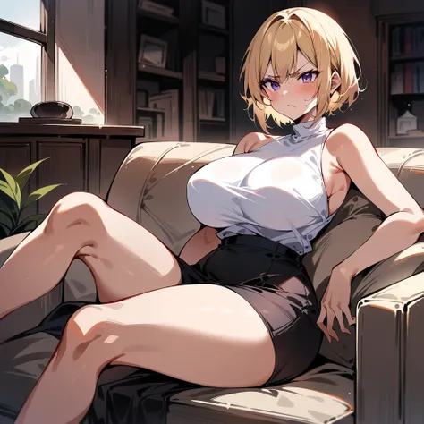 (masterpiece), best quality, expressive eyes, perfect face, 1 woman, incredibly beautiful, big breasts, blonde short hair, purple eyes, white high neck top, no sleeves, black skirt, black tights, living room, angry, sitting on the couch, frowns hard, juicy...