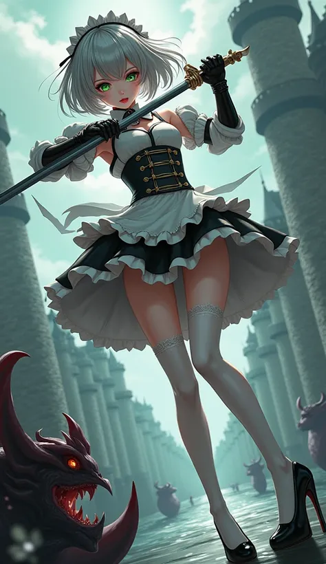 masterpiece,  Best Quality , illustration, fighting stance, 1girl,  Noir Genshin Impact,  Short Silver Hair ,  Green Eyes , maid skirt,  Super High Heel Thin Heel Shoes ,  Lace Thigh Net Socks ,  Slim Long Legs,  with Red Side Parts ,  Maid Knight ,  Maid ...