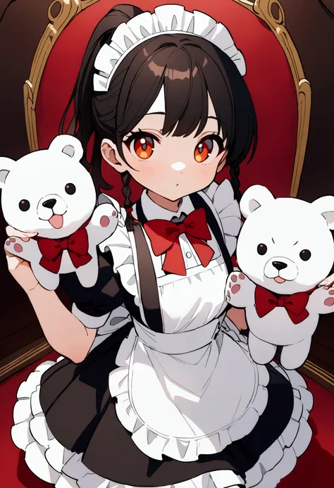 A two-headed q version girl , black hair ,Two ponytail braids , amber eyes,Red bow tie ,Wearing maid outfit, holding a gentle polar bear puppet