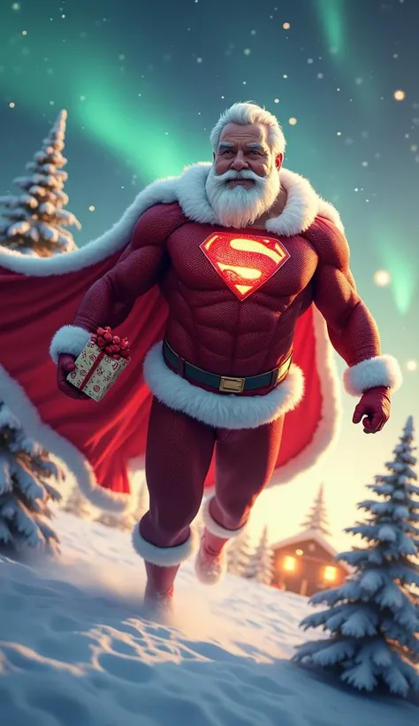 A powerful and festive superhero, a fusion of Santa Claus and Superman, soaring majestically in a snowy North Pole landscape. This superhero has Santa’s iconic white beard and jolly expression, paired with a muscular physique clad in a sleek, red-and-white...