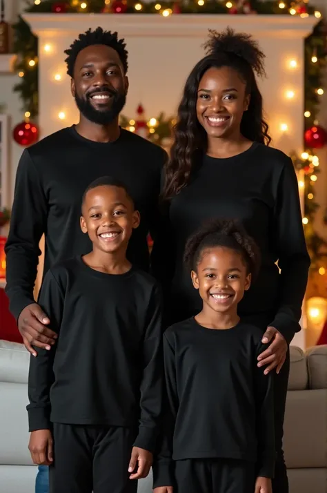 A black family of 4 with plain black shirt with pajamas trousers standing in their living room with Christmas decorations about to take holiday pictures 