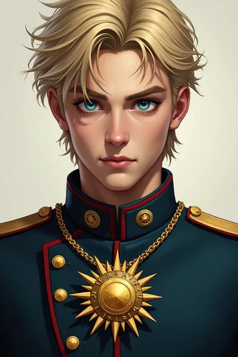 create the image of a young military man with blond hair and blue eyes with a sun necklace around his neck 