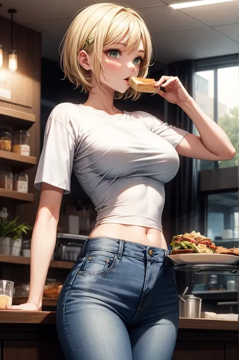 ukrainian woman, ((blond short hair)), green eyes, wearing t-shirt and jeans, medium breasts, sexy eating in the cafe, sexy
