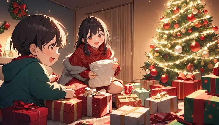 Excited ren unwrapping Christmas presents by a glowing Christmas tree in a cozy living room filled with festive decorations and joyful holiday vibes