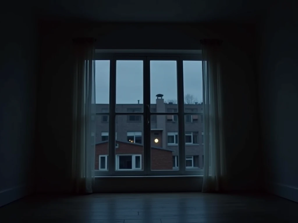 Room with very little lighting, it is nighttime, a large window in the center of the room with the curtains open, through the window you can see a building, in one of the windows of the building there is a light on, the rest of the windows of the building ...