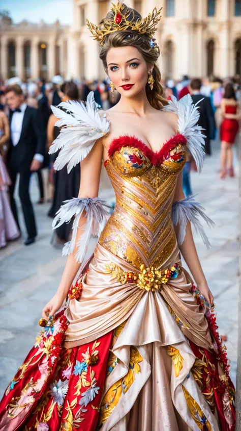 a woman in a red and gold dress with a crown on her head, maximalist fashion dress, fantasy outfit, extravagant dress, dress made of feathers, fantasy dress, haute couture fashion, modern maximalist fashion dress, floral couture, high fashion haute couture...