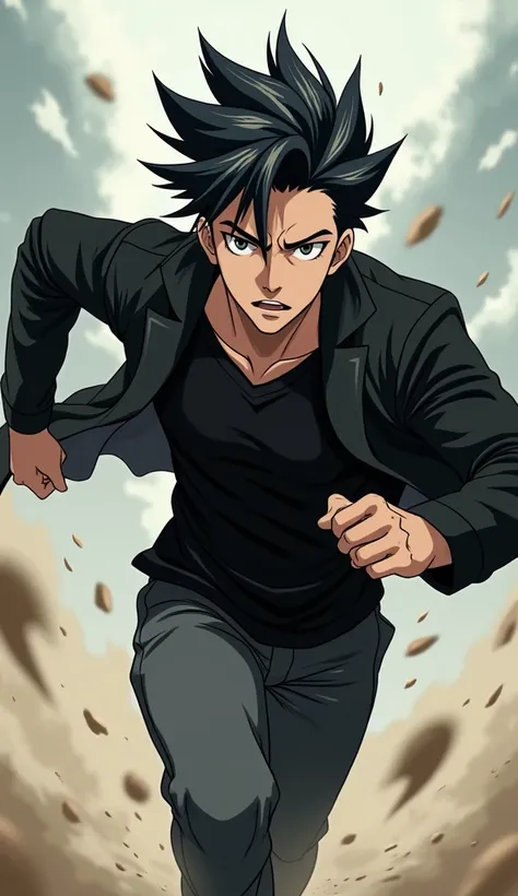 man, anime, social hair,  black clothes , running.