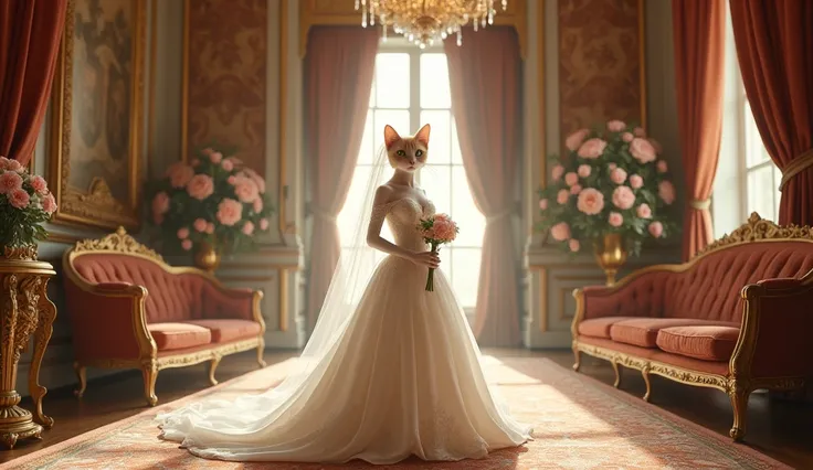 The cat is sitting in beautiful rooms as a bride