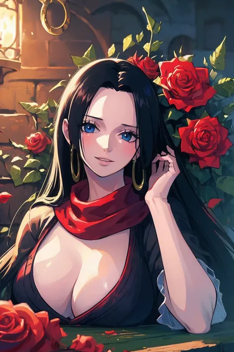 best quality, masterpiece, highly detailed,1girl,  ((rose)), (vine), cage, bandage, red rope, (detail light), falling rose petals, Boa Hancock,, (masterpiece:1.5), Detailed Photo, Smiling,(8K, Photorealistic, Best Quality: 1.4), (1girl), Beautiful Face, (a...