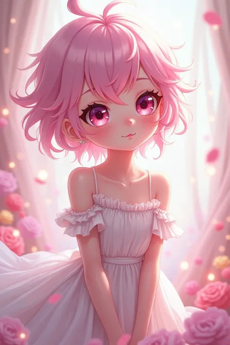 A cute anime femboy with pink hair