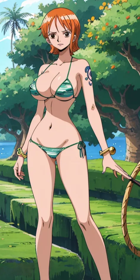 Nami, who has big breasts and beautiful legs, is standing in a green bikini。 Angle from behind。