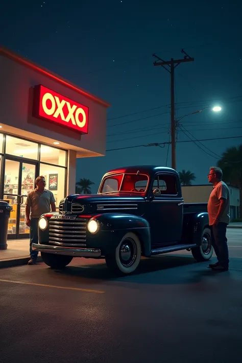 " Two medium-sized men Old they are standing in front of an Oxxo illuminated by artificial lights on a clear night.  Both wear casual clothing , like jeans and shirts ,  while they proudly observe a Ford Lobo truck model 1995 ,  well maintained and with a ...