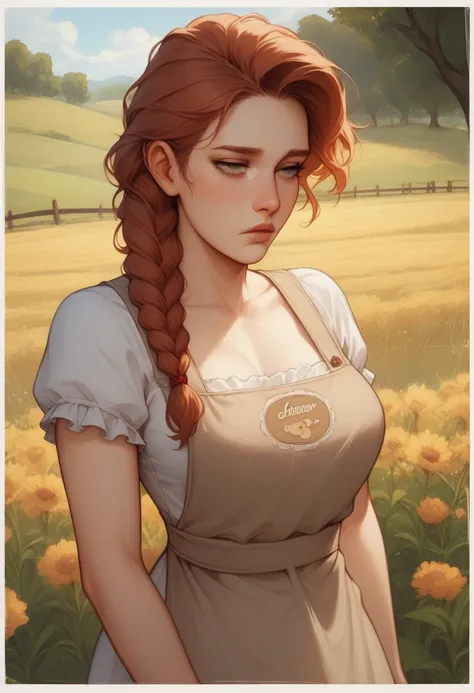 nude farmwife with soft, tired eyes and neatly braided auburn hair, wearing a gingham apron over a plain dress, medium breasts, framed by golden fields at dusk