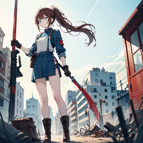 solo1.3、Abandoned City 1 .4、 Mysterious Adorable Girl 、Hold a mechanic rod-shaped weapon 1.7、Leather Armor 1 .5、 Black Mechanic Machine Cage Hand 1 .5、 Black Mechanic Machine Boots 、Reddish brown hair、Dark Light Blue Eyes 、very long ponytail1.3、messy hair、