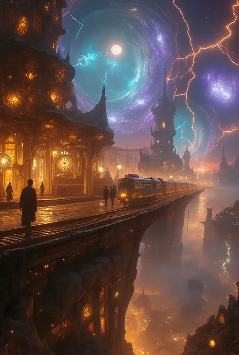 A magnificent time-traveling Busy Train Station in the middle of a surreal, fantastical landscape. Cosmos stars. lightning strikes the world. The trains are arriving, the station has glowing gears and clockwork mechanisms embedded into its design. The wind...