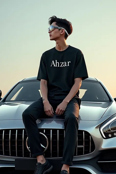 A young man sit on Mercedes bonut he wear a pant  with a black t shirt with the name of AHZAR and he wear a transparent googl and black shose