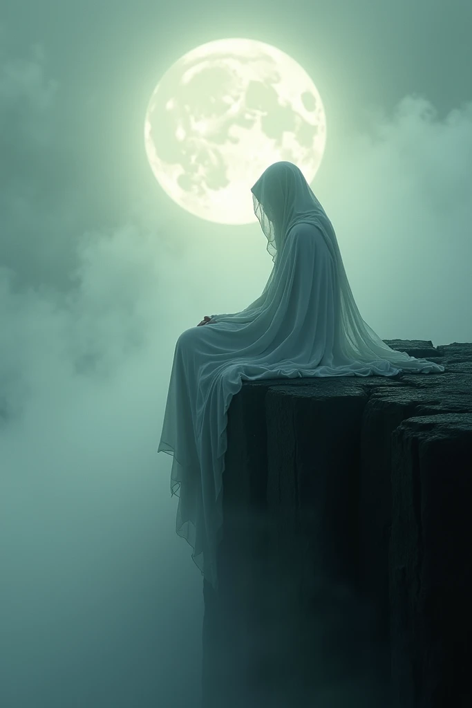 A mysterious and ethereal figure cloaked in flowing white fabric sits solemnly on the edge of a dark cliff, surrounded by dense fog. The scene is illuminated by a large, glowing full moon in the background, creating an eerie yet serene atmosphere. The figu...