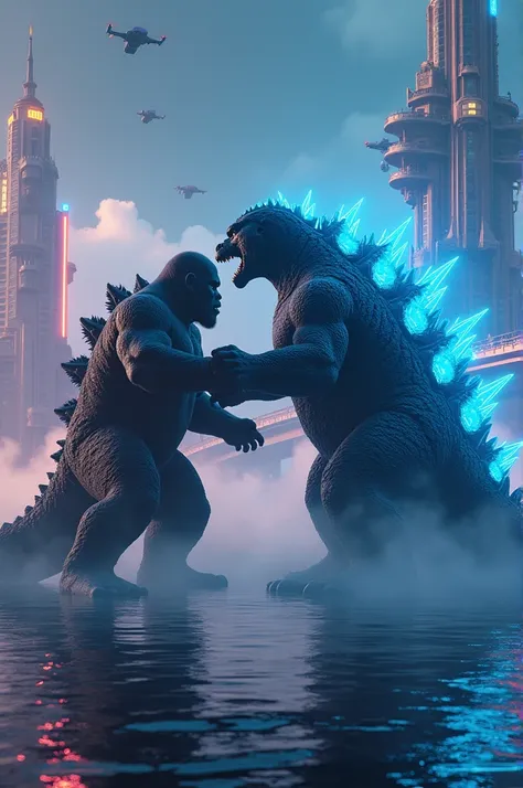 A spectacular scene depicting Kong and Godzilla engaged in a peaceful, playful interaction amidst a futuristic floating cityscape. The high-tech cities hover over the ocean, glowing with neon lights, interconnected by advanced bridges and hovering drones. ...