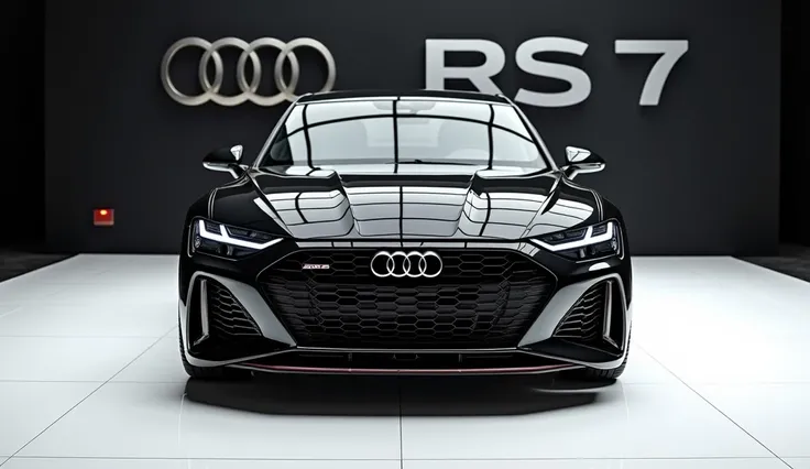 A captivating image of a sleek design Audi RS 7 2025 model , taking center stage in a luxurious white showroom. The vibrant “black” exterior gleams, accentuating the cars sleek, aerodynamic design and striking accents. The name "( Audi RS 7)" is prominentl...