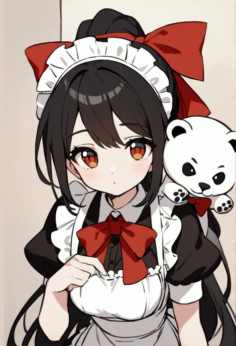 A 2-head proportional q version girl， black hair ponytail ， amber eyes，Red bow tie ，Wearing maid outfit， holding a polar bear puppet
