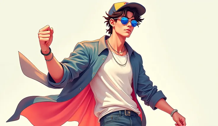 a man, in a dynamic pose, cap, glasses, long shirt, designed by Blu::3, tumblr, inspired by Yanjun Cheng style, digital art, meme lofi internet girl, trend in dezeen, catalog photo, 3d render beeple, rhads and lois van baarle, cartoon style illustration, b...