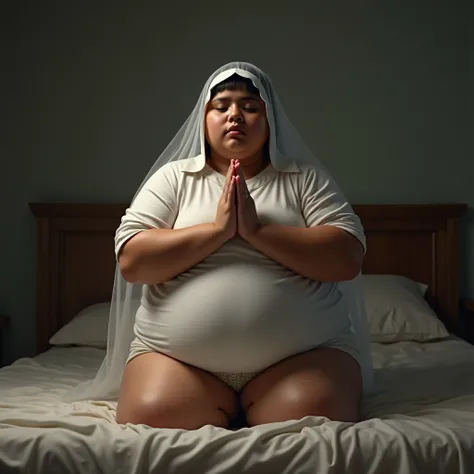 realistic image of an overweight young woman wearing a transparent veil on her head, a member of the Christian congregation in Brazil with her knees bent leaning on the bed saying a prayer 